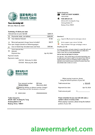 China State Grid Corporation of China electricity business utility bill in word and pdf formats